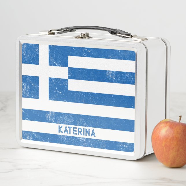 Greek Flag Distressed Look School Custom Name Metal Lunch Box (In Situ)