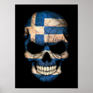 Greek Flag Skull on Black Poster