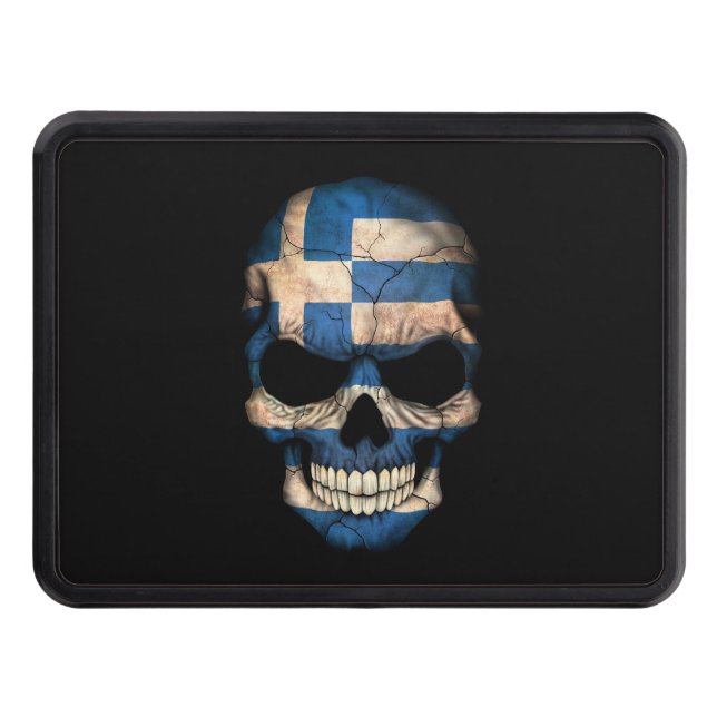 Greek Flag Skull on Black Trailer Hitch Cover (Front)