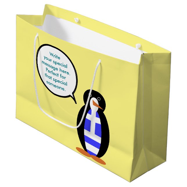 Greek Flag Talking Ms Penguin Personalized Large Gift Bag (Front Angled)