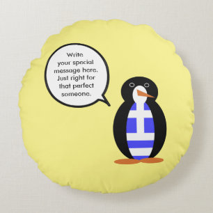 Greek Flag Talking Ms Penguin Personalized Round Pillow