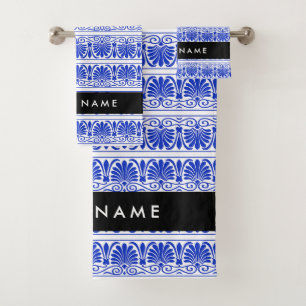 Greek Fret Arabesque Blue, Your Name, Personalize Bath Towel Set