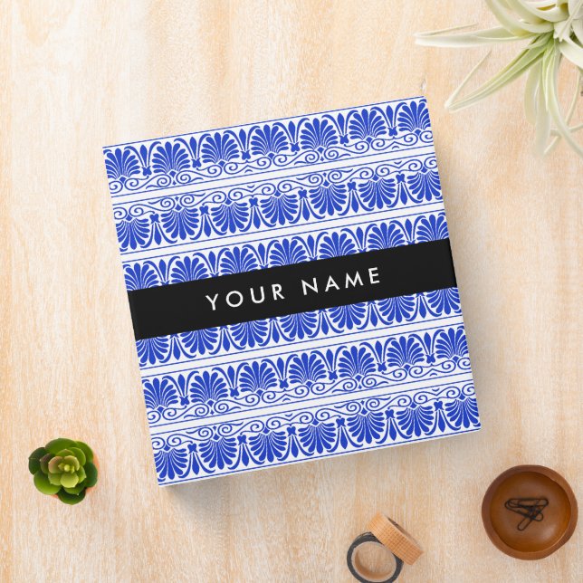 Greek Fret Arabesque Blue, Your Name, Personalize Binder (In Situ)