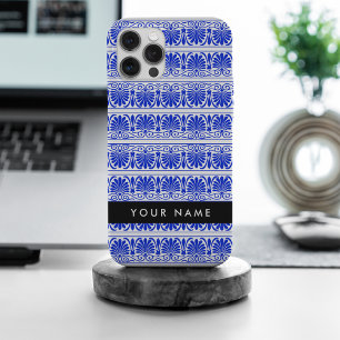 Greek Fret Arabesque Blue, Your Name, Personalize iPhone 15 Pro Max Case