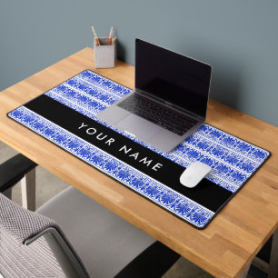 Greek Fret Arabesque Blue, Your Name, Personalize Desk Mat