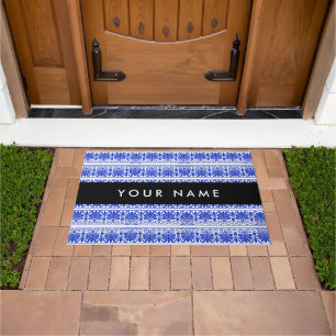 Greek Fret Arabesque Blue, Your Name, Personalize Doormat