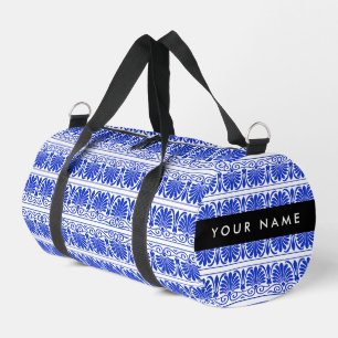 Greek Fret Arabesque Blue, Your Name, Personalize Duffle Bag
