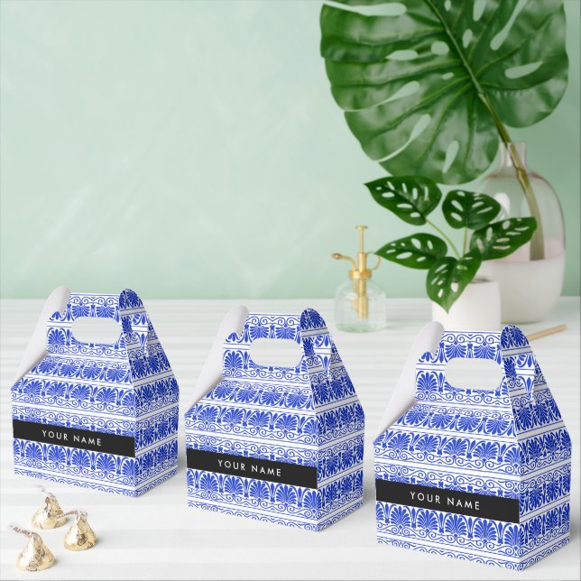 Greek Fret Arabesque Blue, Your Name, Personalize Favor Box (Multiple)