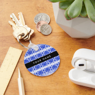 Greek Fret Arabesque Blue, Your Name, Personalize Keychain