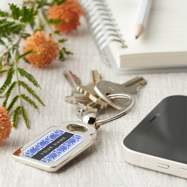 Greek Fret Arabesque Blue, Your Name, Personalize Keychain (Side)