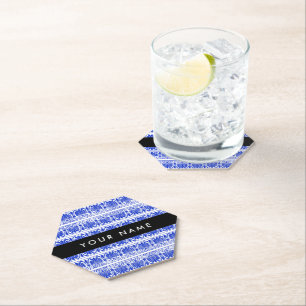 Greek Fret Arabesque Blue, Your Name, Personalize Paper Coaster