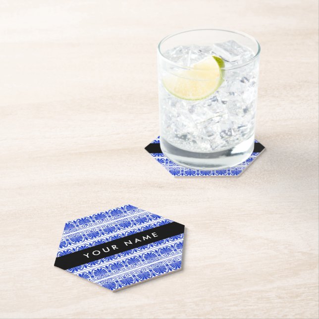 Greek Fret Arabesque Blue, Your Name, Personalize Paper Coaster (Insitu)