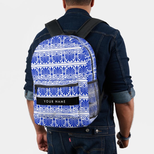 Greek Fret Arabesque Blue, Your Name, Personalize Printed Backpack (Insitu (Model))