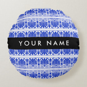 Greek Fret Arabesque Blue, Your Name, Personalize Round Pillow