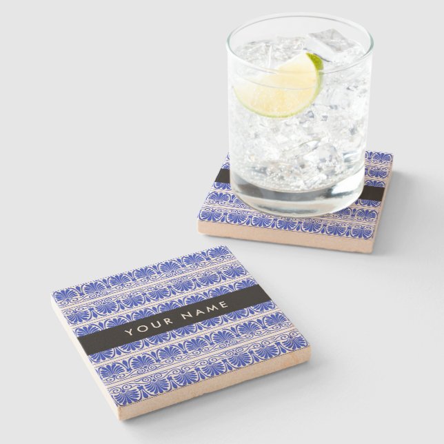 Greek Fret Arabesque Blue, Your Name, Personalize Stone Coaster (Side)