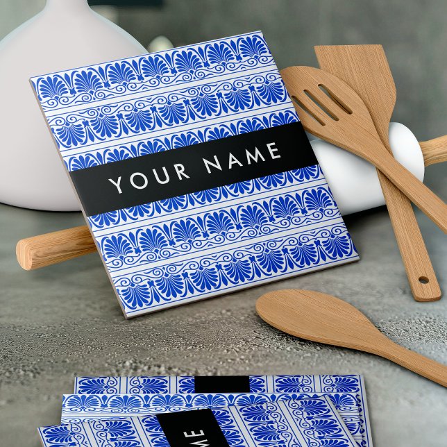 Greek Fret Arabesque Blue, Your Name, Personalize Tile (Creator Uploaded)