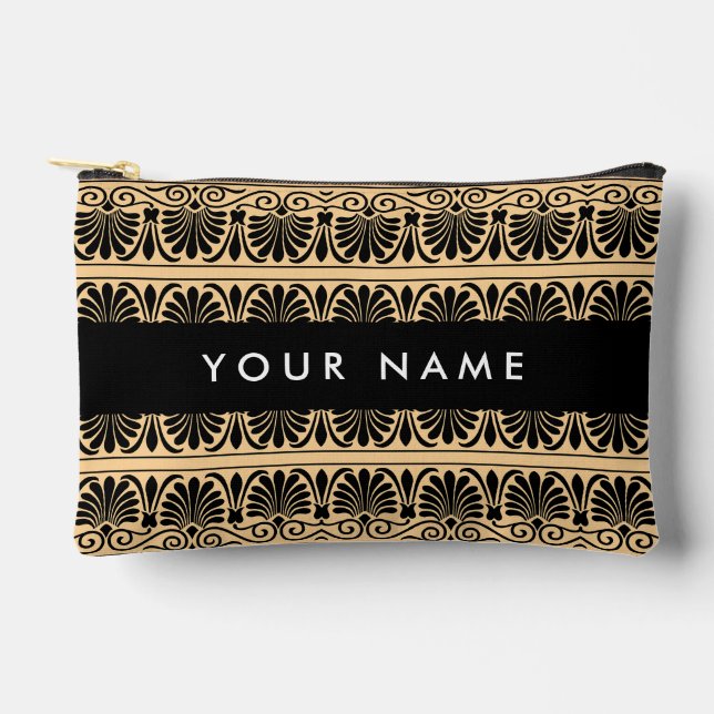 Greek Fret Arabesque Brown, Your Name, Personalize Accessory Pouch (Front)