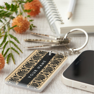 Greek Fret Arabesque Brown, Your Name, Personalize Keychain