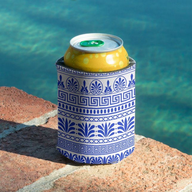 Greek Fret, Mediterranean Pattern, Blue Can Cooler (In Situ Pool)