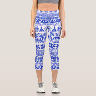 Greek Fret, Mediterranean Pattern, Blue Capri Leggings