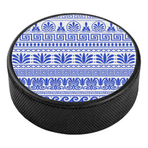Greek Fret, Mediterranean Pattern, Blue Hockey Puck