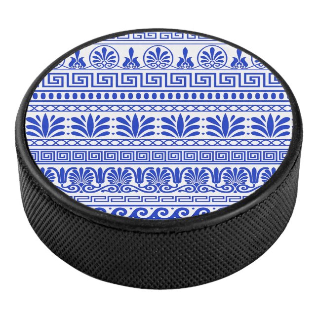 Greek Fret, Mediterranean Pattern, Blue Hockey Puck (3/4)