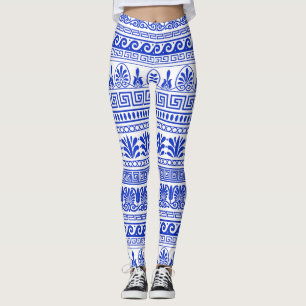 Greek Fret, Mediterranean Pattern, Blue Leggings