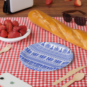 Greek Fret, Mediterranean Pattern, Blue Paper Plate