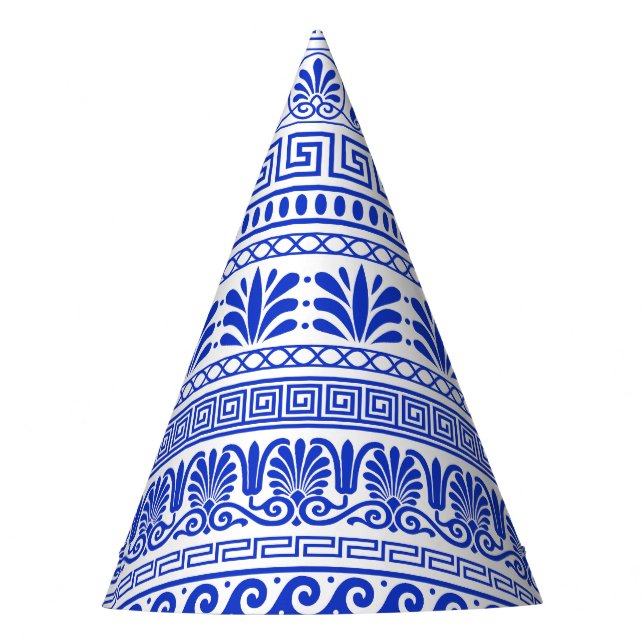 Greek Fret, Mediterranean Pattern, Blue Party Hat (Front)