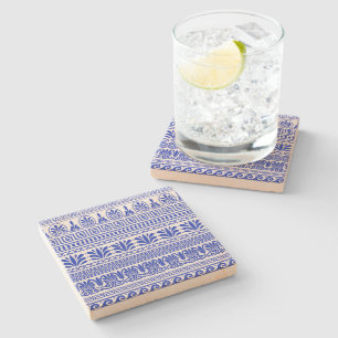 Greek Fret, Mediterranean Pattern, Blue Stone Coaster