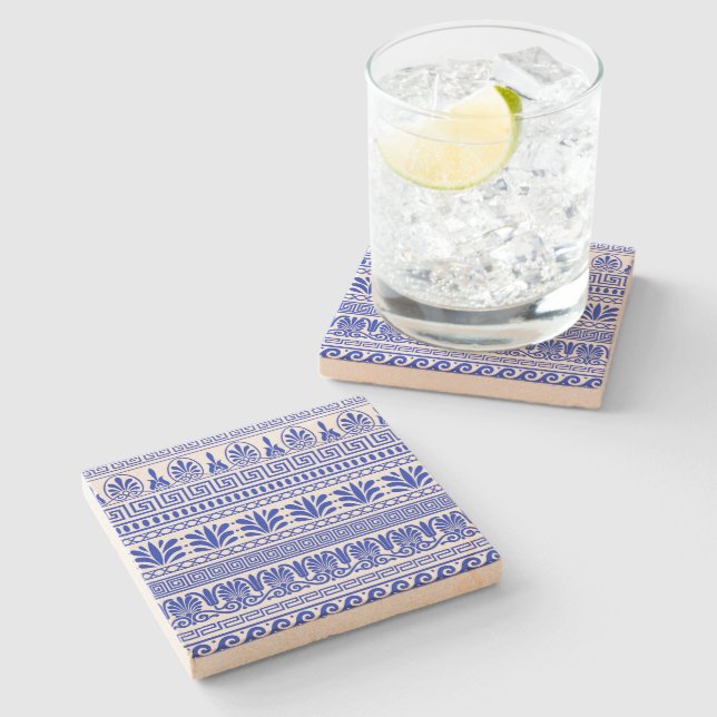 Greek Fret, Mediterranean Pattern, Blue Stone Coaster (Side)