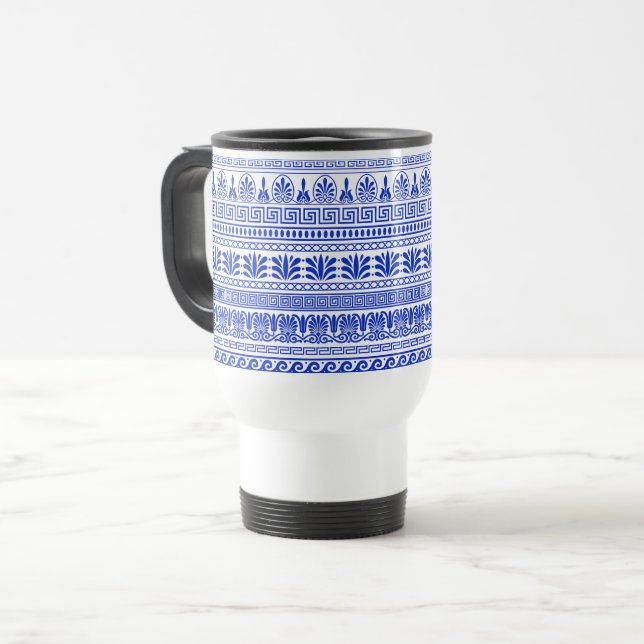 Greek Fret, Mediterranean Pattern, Blue Travel Mug (Front Left)
