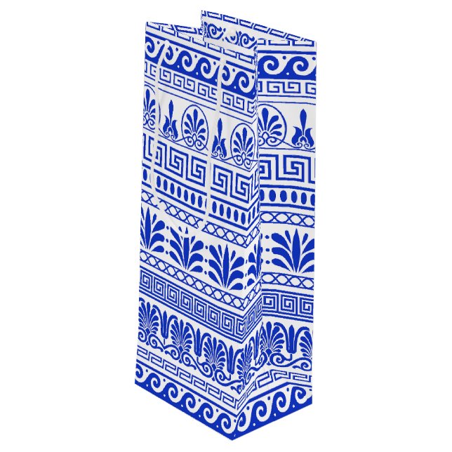 Greek Fret, Mediterranean Pattern, Blue Wine Gift Bag (Back Angled)