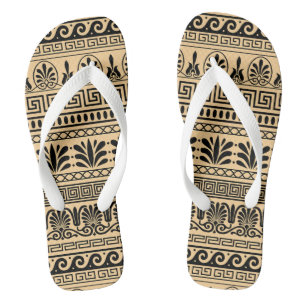 Greek Fret, Mediterranean Pattern, Brown Flip Flops