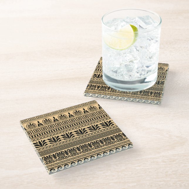 Greek Fret, Mediterranean Pattern, Brown Glass Coaster (Angled)
