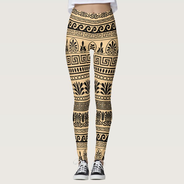 Greek Fret, Mediterranean Pattern, Brown Leggings (Front)