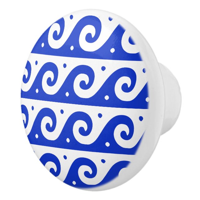 Greek Fret, Mediterranean Wave Pattern, Blue Ceramic Knob (Right)