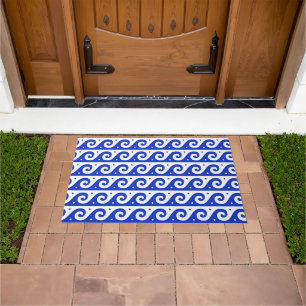 Greek Fret, Mediterranean Wave Pattern, Blue Doormat