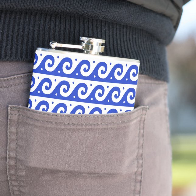 Greek Fret, Mediterranean Wave Pattern, Blue Hip Flask (In Situ)