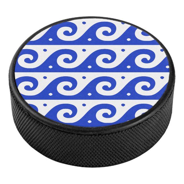Greek Fret, Mediterranean Wave Pattern, Blue Hockey Puck (3/4)