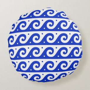 Greek Fret, Mediterranean Wave Pattern, Blue Round Pillow