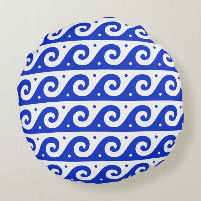 Greek Fret, Mediterranean Wave Pattern, Blue Round Pillow (Back)