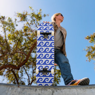 Greek Fret, Mediterranean Wave Pattern, Blue Skateboard