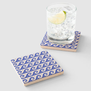 Greek Fret, Mediterranean Wave Pattern, Blue Stone Coaster