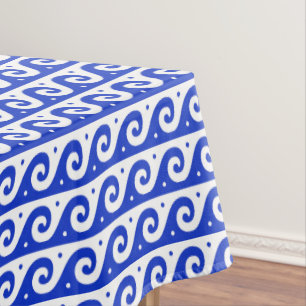 Greek Fret, Mediterranean Wave Pattern, Blue Tablecloth