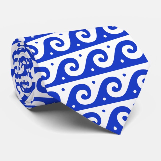 Greek Fret, Mediterranean Wave Pattern, Blue Tie (Rolled)