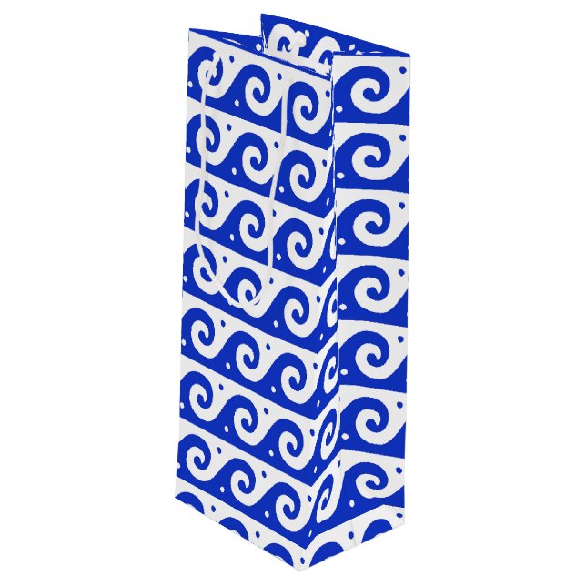 Greek Fret, Mediterranean Wave Pattern, Blue Wine Gift Bag (Back Angled)