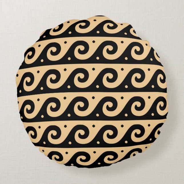 Greek Fret, Mediterranean Wave Pattern, Brown Round Pillow (Back)