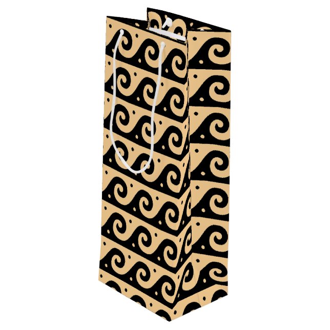 Greek Fret, Mediterranean Wave Pattern, Brown Wine Gift Bag (Back Angled)