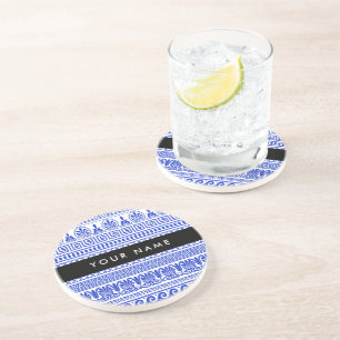 Greek Fret, Mixed Meander Key, Blue, Your Name Coaster